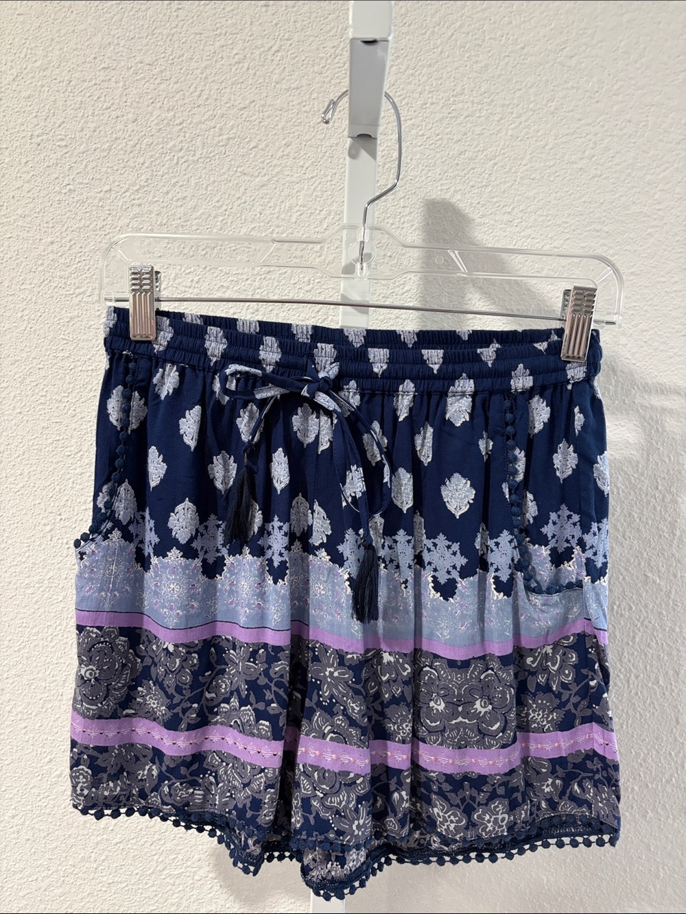 Blue Rain Navy Printed Skirt with Lavender Stripe and Tassel Waist